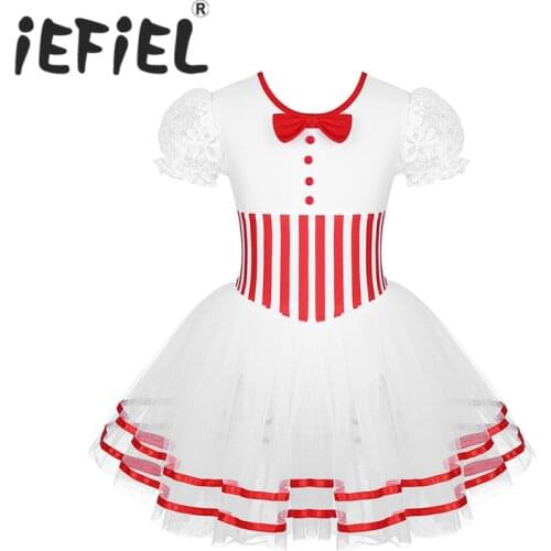 Cute Kids Girls Christmas Dance Costume Lace Puff Sleeves Figure Ice Skating Roller Skating Baton Twirling Mesh Leotard Dress