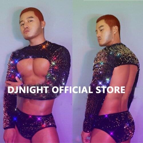 Male Singer Gogo Costumes Sexy Sequins Chest Strap Party Stage Performance Costume Nightclub Bar Men Suit Pole Dance Wear XS1147