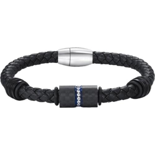 Mens Stainless Steel Jewelry European Zircon Carbon Fiber Weave Cowhide Leather Magnet Clasp Bracelet