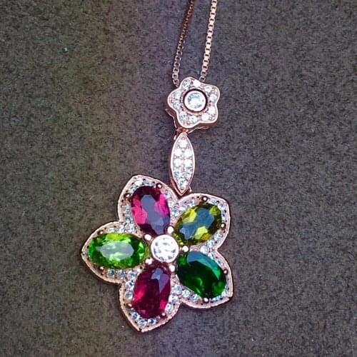 Natural Multicolor tourmaline Pendant natural gemstone Elegant flower Plum blossom pendant necklace S925 silver women jewelery