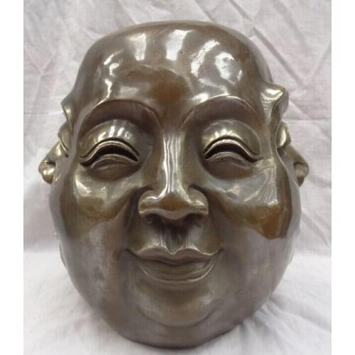 Wholesale factory 11" Tibet Bronze Buddhist Happy Laughing Xi Nu Ai Le 4 Face Buddha Head Statue