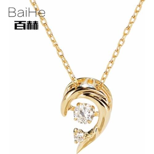 BAIHE Solid 18K Yellow Gold 0.07ct H/SI Natural Diamond Wedding Women Trendy Fine Jewelry Fish-shaped dancing diamond Necklaces