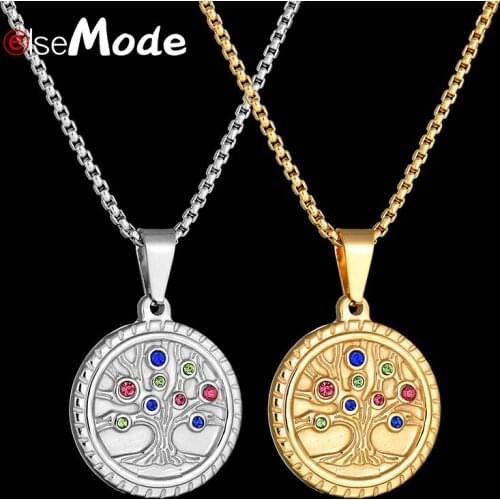 ELSEMODE Colorful Natural Crystal Tree of Life Round Pendant Necklaces for Women Stainless Steel Wedding Jewelry Engagement Gift
