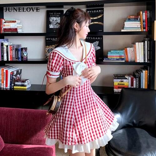 JuneLove Women Dress Lovely Plaid Summer Holiday College Girls Dresses Korean Popular Sailor Collar Slim Vacation Femme Vestidos