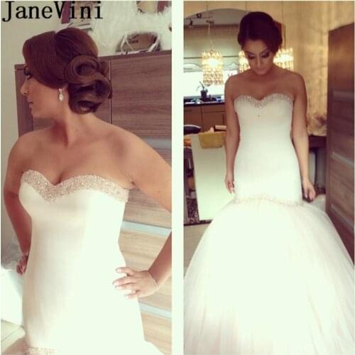 JaneVini Gothic Luxury Beading Wedding Dresses Mermaid 2021 Sweetheart Satin Tulle Lace Up Back Bridal Wedding Gowns for Bride