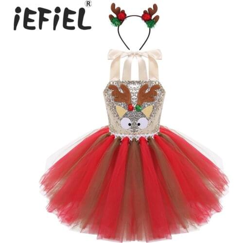 Girls Christmas Red Dresses Shiny Sequins Cartoon Mesh Tulle Tutu Dress with Hair Hoop Xmas Cosplay Fancy Party Costume Set