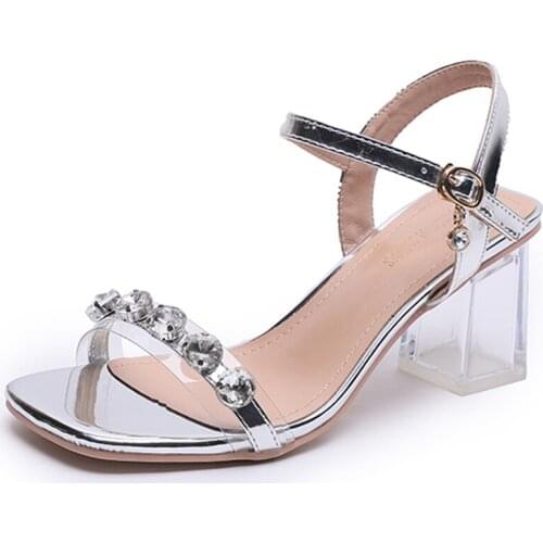 Summer Sandals Womens 2021 New Square Toe Cap Sequins Fairy Ribbons Style Pendants Crystal High Heels With Skirt