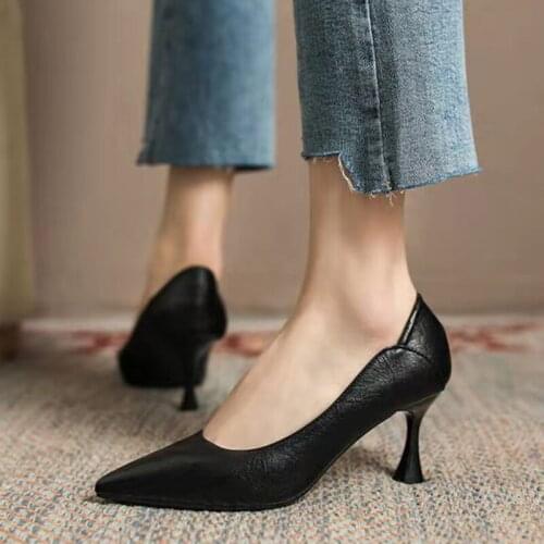 Rimocy Sexy Pointed Toe Thin Heels Pumps Women Black Soft Pu Leather Office Shoes Woman Shallow Slip on Party Dress Shoes Ladies
