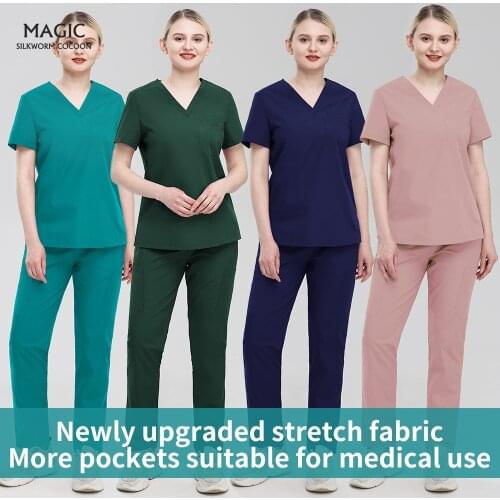 Unisex Surgical Uniforms Stretch Fabric Hospital Nursing Scrubs Sets V-neck Dental Clinic Doctor Uniform Veterinary Work Clothes