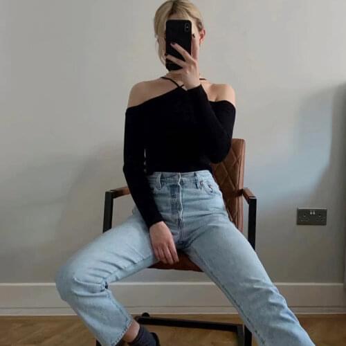 ZA 2020 Sexy Black Off Shoulder Long Sleeve Thin Sweater Women Knitted Pullovers Slim Strapped Pullover Tops