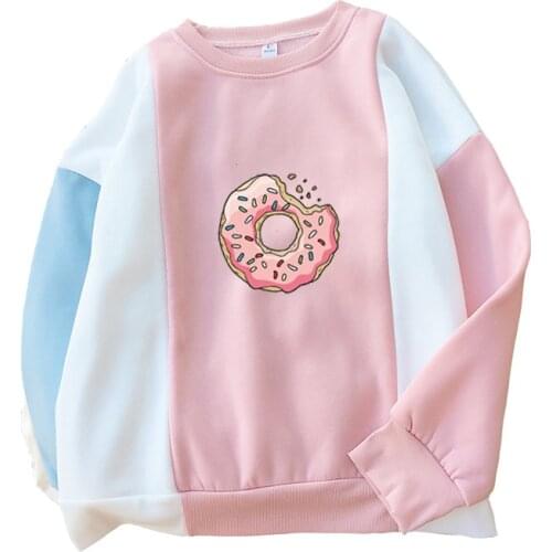 Women Sweatshirt Harajuku Kawaii Donuts Printed Cute Hoodies Patchwork O-neck Velvet Thick Warm Pullovers Winter Autumn Top