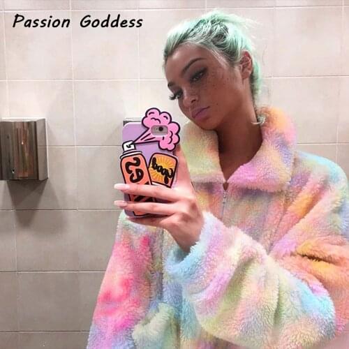 Harajuku Womens Cute Plush Sweatshirts Rainbow Fleece Lapel Zipper Hoodies Furry Long Sleeve Pullover Sweatshirts Fuzzy Outfits