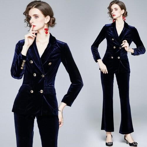 2021 autumn winter Women Double-breasted Blazer Two Piece Sets Velvet Long Sleeve Suit Coat + OL Bell-bottoms Pants Sets
