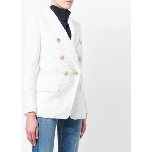 EXCELLENT QUALITY 2020 Stylish Designer Blazer for Women Double Breasted Lion Buttons Shawl Collar Tweed Blazer