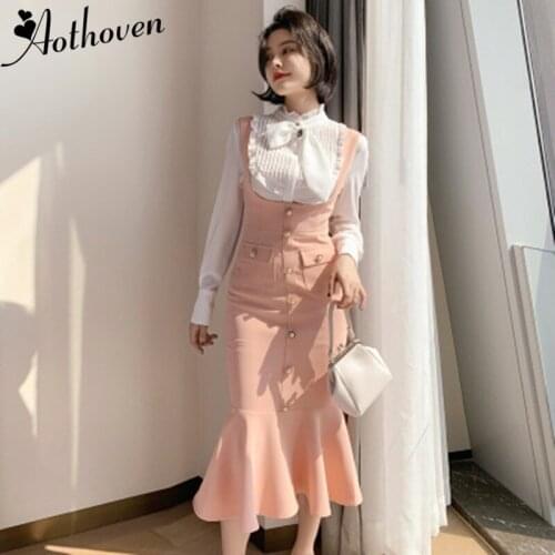 2 Piece Set 2021 Autumn Party Office Long Sleeve Bow White Blouse Top and Pink Mermaid Dress Ladies Pants Two Piece Set Vestidos