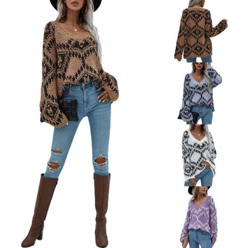 Women’s Casual Long-sleeved Loose Sweater Fashion Geometry Printing V-neck Knitwear