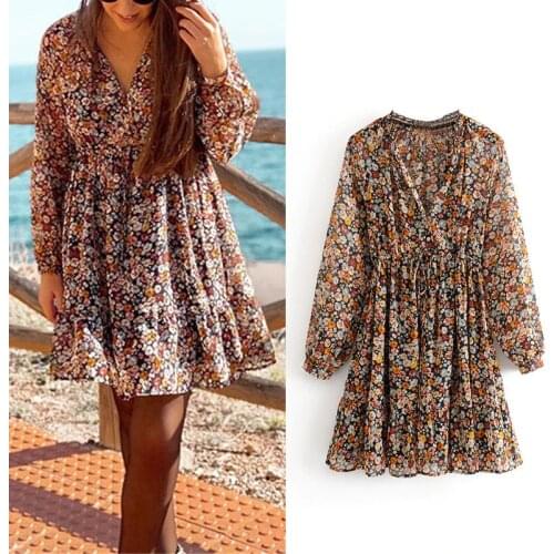 Boho Floral Print Women Dress 2020 Summer Sexy V Neck Long Sleeve A Line Chiffon Mini Dresses Beach Vacation Sundress Rz