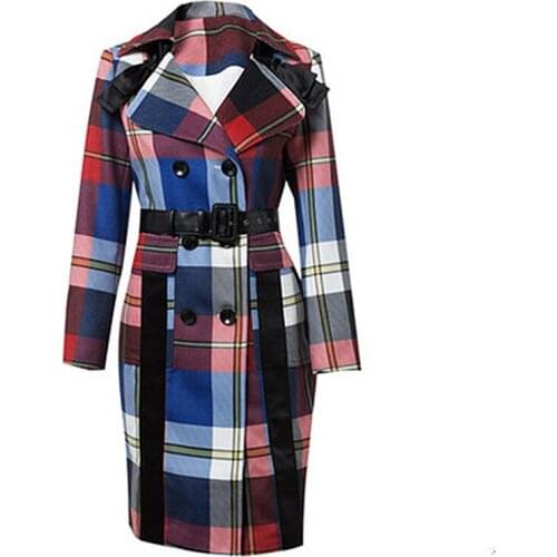 British Style Winter Coat Women Long Sleeve Turn -Down Plaid Coat Sashes Thick Outwear Spliced Long Wool Trench Coat SO2579