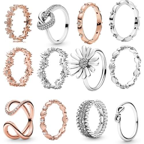 2021 new sale 925 Silver Color Bow-Knot Finger Ring For Women Girls Sparkling Daisy Flower Crown Zircon Wedding Jewelry