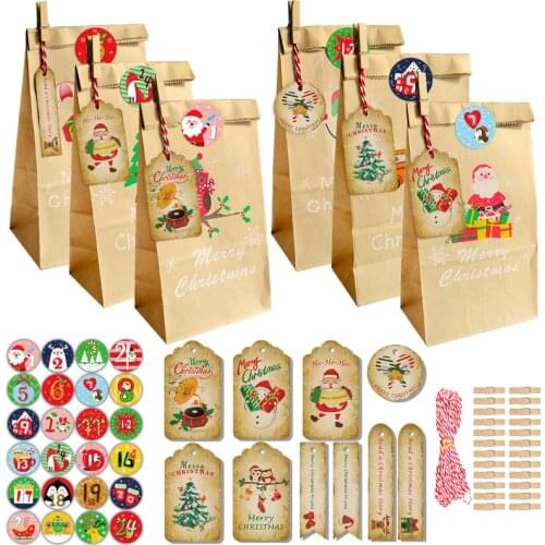 24sets Christmas Advent Calendar Santa Claus Kraft Paper Gift Bags Party Favor Wrapping Bags Set with Xmas Tag Stickers Clips
