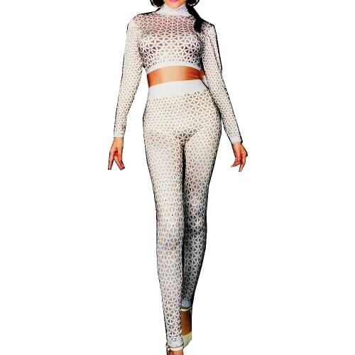 White Plaid Pattern Printing Rhinestones Tights Jumpsuit Women Backless Leotard Ladies Nightclub Performance Dance Costumes