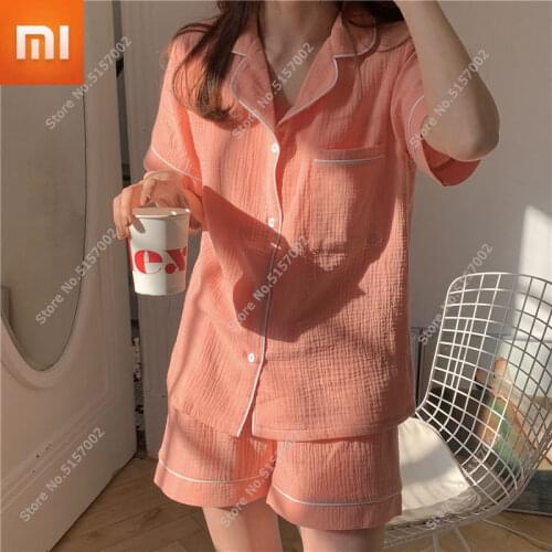 Xiaomi Cotton Couple Pajama Set Crepe Pijamas Women Sleepwear Soft Breathable Nightwear Comfortable Short-sleeved home suit