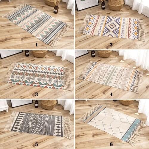 Geometric Patterns Tassel Cotton Rugs Bedroom Bedside Floor Carpets For Living Room Doorway Tufted Kids Room Mat Non-slip Tapes