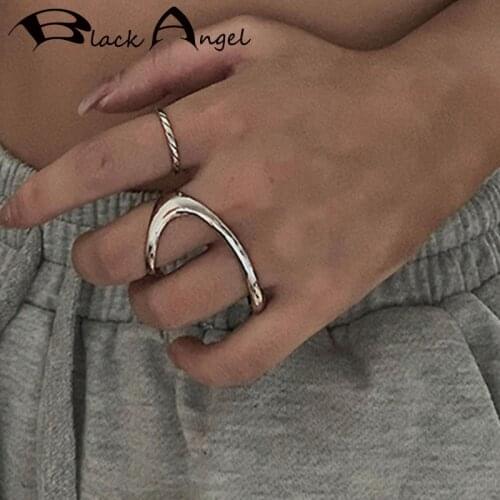BLACK ANGEL 925 Sterling Silver Rings INS Fashion Charm Women Vintage Irregular Simple Geometric Double Finger Jewelry Gifts