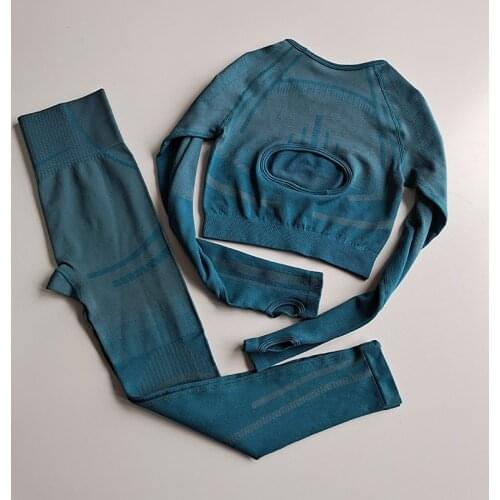 Girl Yoga Set Women Gym Long Shirt 2pcs Sportswear Workout Clothes Seamless Sport Suit High Waist Fitness Leggings