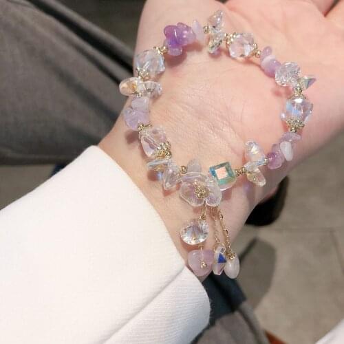 Korean Flower Shape Purple Natural Crystal Stones Beaded Strand Bracelets for Women Girls Party Wedding Fashion Jewelry YBR490