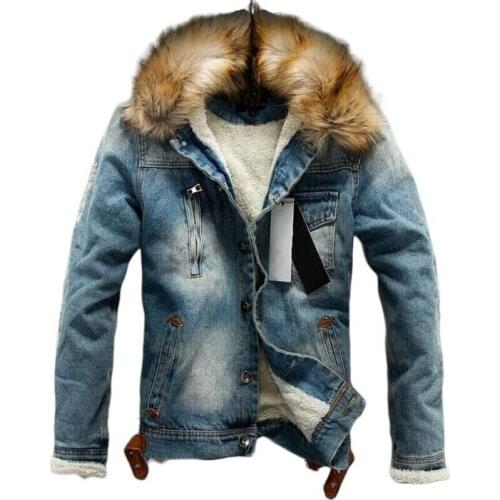 Men Winter Warm Jacket Denim Coat Hooded Warm Denim Parkas Male Overcoat Denim jacket washed hooded fur collar