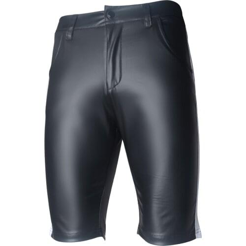 Men Patent Leather Casual Skinny Shorts Fad Middle Pants Tight Waterproof Trunks Cool Fashion Pirate Shorts Low Waist Breeches