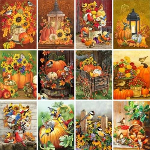 Huacan 5D Diamond Embroidery Kit Sunflower Pumpkin Diamond Art Painting Mosaic Bird Flowers Halloween Wall Art