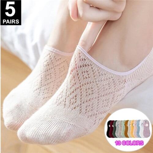 5 Pairs Hollow Out Mesh Invisible Socks Candy Colors Women Non-Slip Summer Ankle Boat Socks No Show