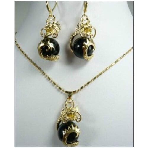 Hot sell new - beautiful gold plate dragon black stone pendant necklace Earrings setAA8 NEW