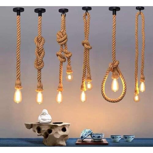 1/1.5/2/2.5m Hemp Rope Pendant Lights E27 Indoor Lightings for Loft Bar Attic Retro Hanging Lamp Double Head No Bulb