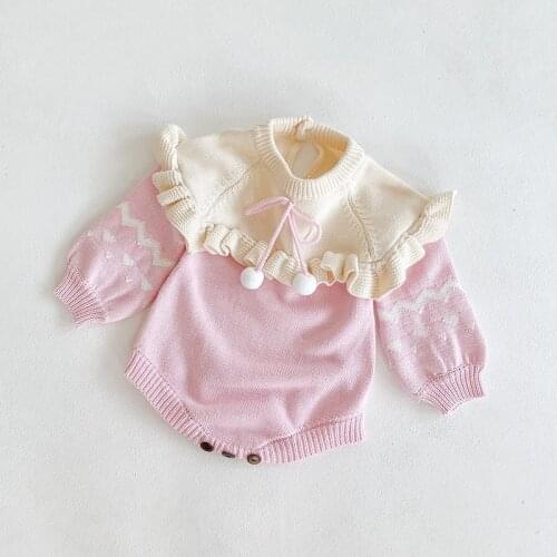 Knitted Baby Romper Ruffle Sweaters Autumn 2020 Newborn Baby Clothes Pompom Toddler Infant Costumes Girl Romper Baby Jumpsuits