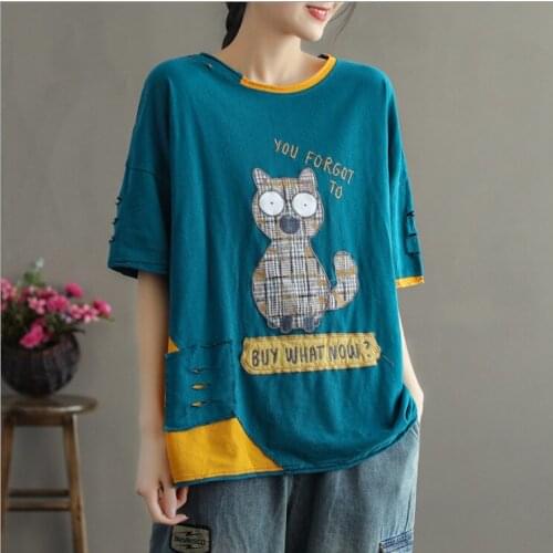 21Summer Tshirts Women Casual Patchwork Embroidery Cartoon Hole Loose Female Fashion Tees Tide