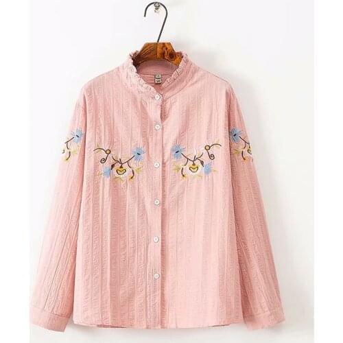 Spring 2021 Women Shirt Plus Size Casual Clothes Female Tops Ethnic Style Ruffle Collar Embroidered Cotton Camisa De Las Mujeres