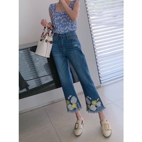 Women Pants Flower Embroidered 100% Cotton Slim flare jeans