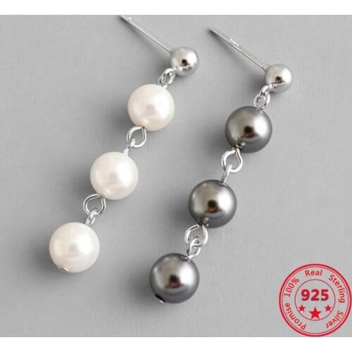 925 Sterling Silver Earrings Chic Fashion Black and White Pearl Long Earrings Woman Jewelry Gift
