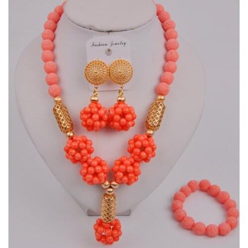 Ladies Wedding Jewelry Natural Orange Coral Bead Necklace Nigeria Wedding Bride Wedding Dress Accessories Jewelry Set AU-211
