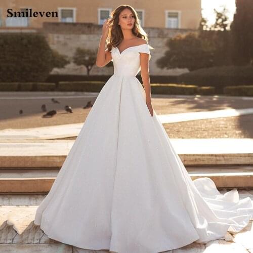 Smileven Shiny Satin Wedding Dresses Nude Mesh Princess Brida Gown Long Train Vestido de novia Plus Size Buttons Wedding Gowns