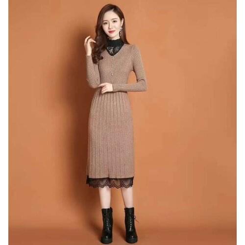 Lace Hem Buttons Women Autumn Winter Sweater Knitted a line Dresses Ribbed Slim Elastic Long Sleeve Lady Bodycon Midi Dresses