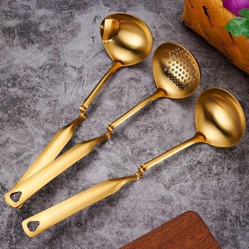 1Pcs Gold Metal Soup Ladle Colander Long Handle Stainless Steel Kitchenware Cookware Serving Spoon Cooking Utensil for Hotpot