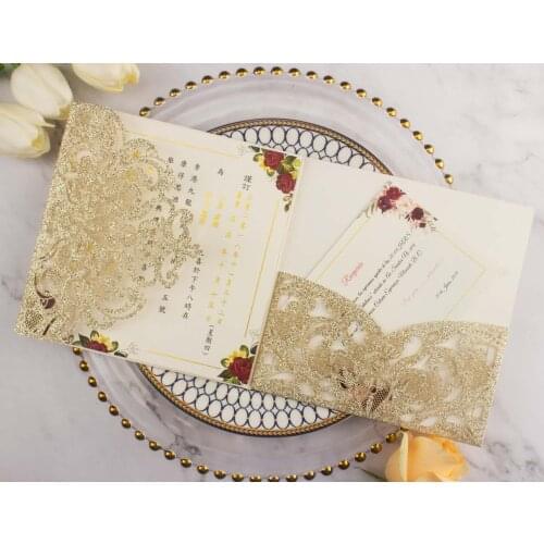 10x Luxury Square Pocket Champagne Rose Gold Glitter Shimmer Cards Laser Cut Wedding Invitation Card Trifold Greeting Favor