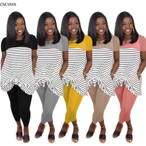 2020 Women Sets Summer Tracksuits Short Sleeve Striped Print Tops+Pants Suit Two Piece Set Night Club Outfits 2 Pcs Street GL298