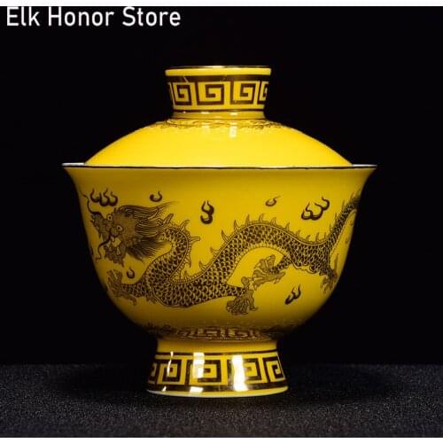 220ml Exquisite Outline In Gold Sancai Tureen Master Cups Hand-painted Dragon Gaiwan Kung Fu Teaware Accessories Drinkware
