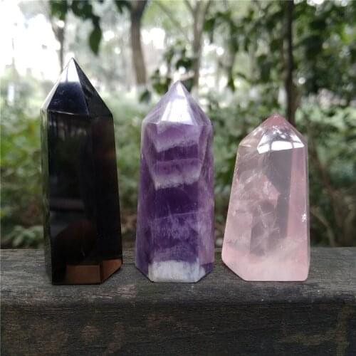3PCS Crystal Quartz Wand Chevron Dream Amethyst Smokey Rose Quartz Point Chakra Healing