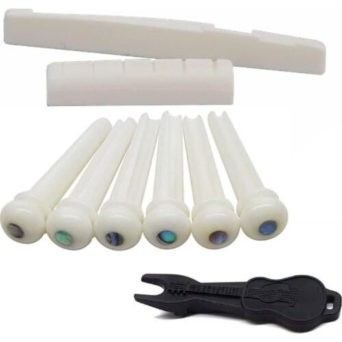6 String Acoustic Guitar Bone Bridge Saddle and Nut and 6pcs Guitar Bone Bridge Pins Made of Real Bone